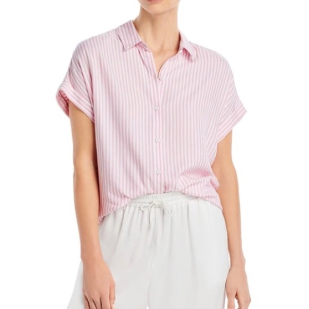 BeachLunchLounge Striped Cap Sleeve Button Down Shirt Pink White